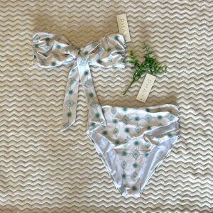 Phax Bandeau Tie Front Bra Top & High Waist Bottom Set Swimwear, Dot Teal, Small